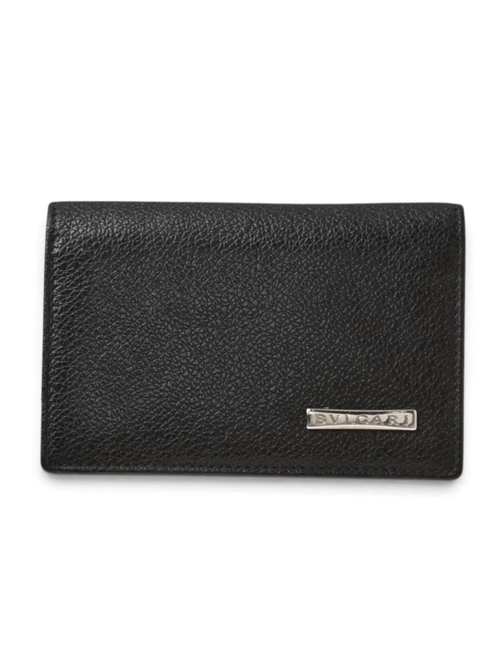 Bvlgari Card Case Business Logo Plate Leather Black Silver